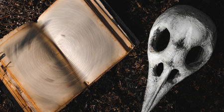 A magic book and a white bird skull on the background of burnt earth and ashes. The concept of mysticism and witchcraft.の写真素材