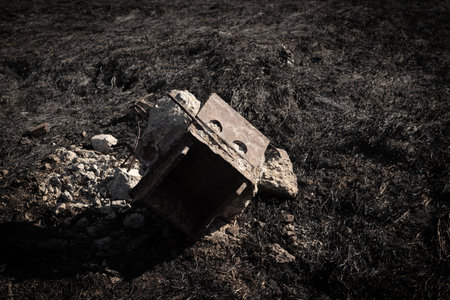 The ruins of a burnt building with burnt grass. The concept of a tragedy or accident. Careless handling of fire.の写真素材