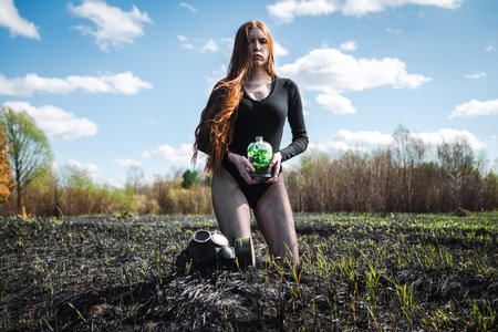 A woman in a gas mask holds in her hands a green plant in a flask kneeling in the scorched grass The...