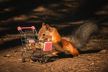 Red squirrel eats nuts from a shopping cart in the woods.の写真素材