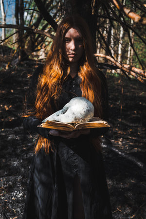 Woman in a black robe with a skull and a book in a dark forest. A mystical portrait of a witch. The concept of witchcraft and occultism.の写真素材