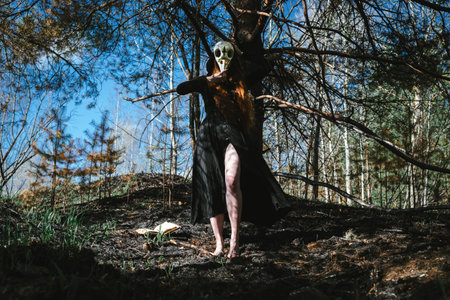 Woman in a black robe with a skull and a book in a dark forest. A mystical portrait of a witch. The...