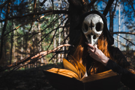 Woman in a black robe with a skull and a book in a dark forest. A mystical portrait of a witch. The concept of witchcraft and occultism.の写真素材