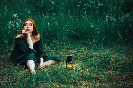 Lonely red hair woman in a green dress with a kerosene lamp is sitting in the grass in the early morning with a kerosene lamp and dreaming. The concept of fairy tale mysticism.の写真素材