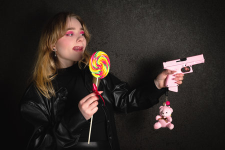 A woman in a black leather jacket holds a pink pistol in her hands and licks a large lollipop. Portrait of a sexy girl on a black dark background. The concept of flirting.の写真素材