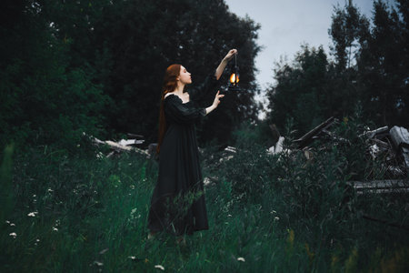 Lonely woman in a black dress with a kerosene lamp in her hands walks through the night forest near the ruins. The concept of fairy tale mysticism.の写真素材
