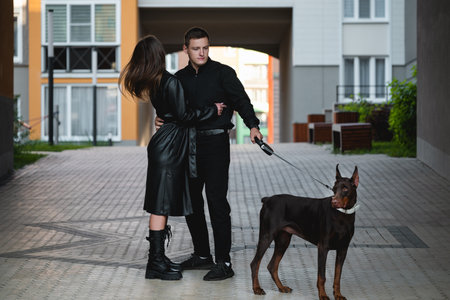 Stylish young couple in black clothes walks a Doberman dog on a city street.の写真素材
