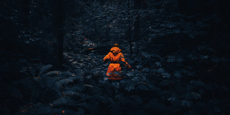 Woman in a orange raincoat walk her way through a blue wet forest during the rain. The concept of travel and tourism.の写真素材