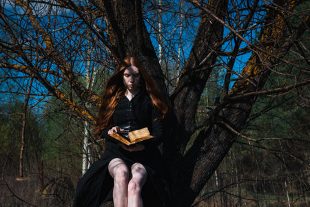 Mystical witch red haired woman in a black long dress in a gloomy sitting forest with book under the tree. Gothic girl on a scorched ground.の写真素材