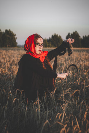Angry witch in a red headscarf and a black robe standing in a field of wheat with a sickle. Concept...
