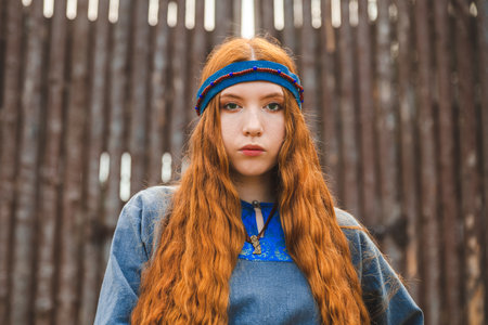 Portrait of a red haired woman in a blue medieval linen dress serious on the background of a wooden castle gate.の写真素材