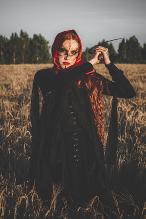 Angry witch in a red headscarf and a black robe stands in a field of wheat with a sickle. Concept of the curse and the harvest.の写真素材