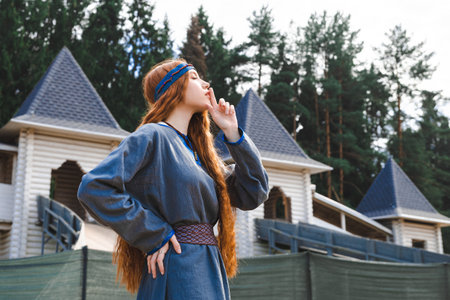 Portrait of a red haired woman in a blue medieval linen dress thinking on the background of a wooden castle.の写真素材