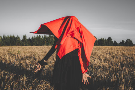 Angry witch in a red headscarf and a black robe standing in a field of wheat. Concept of the curse and the harvest.の写真素材