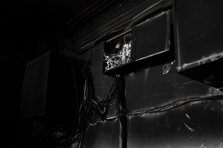 Burnt and sooty electrical panel with a switchboard on the wall of the house. Concept of a short...