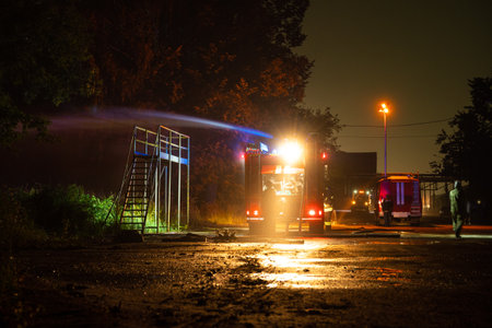 Extinguishing a fire in a building with a water cannon on a fire truck.