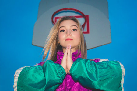 Woman wearing a vibrant retro jacket is standing on a basketball court with hands in a prayer...