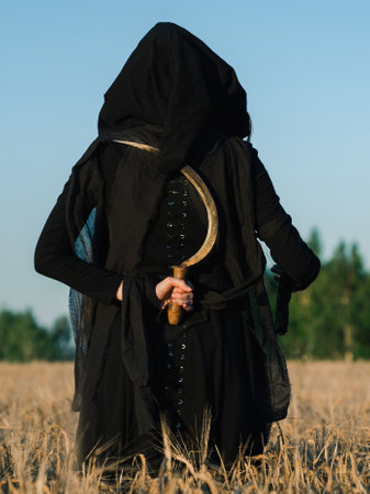 Hooded woman with a scythe stands in a field, exuding a mystical and eerie vibe, suggesting a ritual or witchcraft.の写真素材