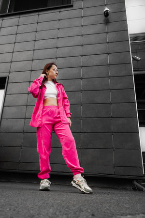 Woman in a pink tracksuit and glasses stands confidently in front of a dark building, showcasing a trendy, urban style.の写真素材