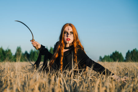 Hooded woman with a scythe stands in a field, exuding a mystical and eerie vibe, suggesting a ritual or witchcraft.の写真素材