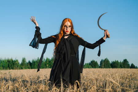 Hooded woman with a scythe stands in a field, exuding a mystical and eerie vibe, suggesting a ritual...