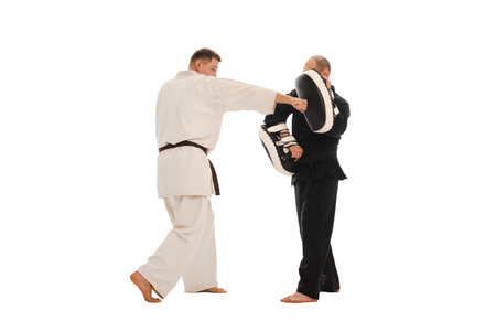 Two martial artists practicing karate, one in a white gi and the other in a black gi. The man in white strike delivers a while the other holds a hand makiwara for training.の写真素材