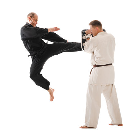 Two martial artists practicing karate, one in a white gi and the other in a black gi. The man in black strike delivers a while the other holds a hand makiwara for training.の写真素材