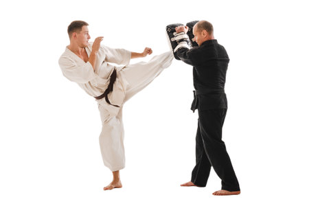 Two martial artists practicing karate, one in a white gi and the other in a black gi. The man in white strike delivers a while the other holds a hand makiwara for training.の写真素材