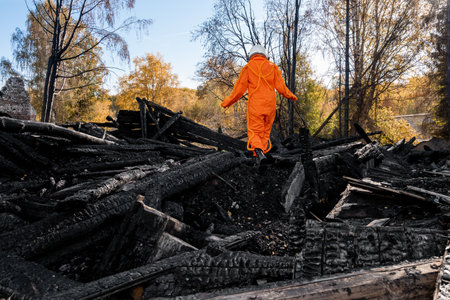 Person in an orange suit on the ruins of a burnt-out building. The charred remains of a wooden house at the disaster site.の写真素材