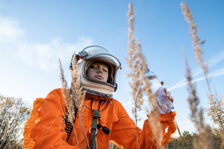 Astronaut in an orange space suit drinking water outdoors, wearing helmet and oxygen gear,...