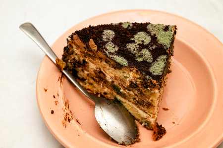 Chocolate cake with green and white fungus, spoiled dessert, food decay, expired and inedible.の写真素材
