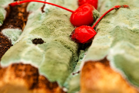 Moldy chocolate cake with green and white fungus, spoiled dessert, food decay, expired and inedible.の写真素材