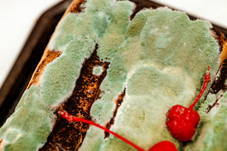 Moldy chocolate cake with green and white fungus, spoiled dessert, food decay, expired and inedible.の写真素材