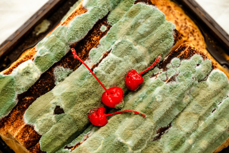 Moldy chocolate cake with green and white fungus, spoiled dessert, food decay, expired and inedible.の写真素材