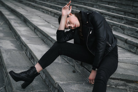 Young woman in a black leather jacket and boots posing confidently in an urban setting.の写真素材