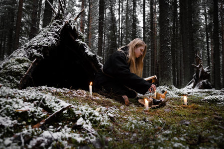 Blonde witch in a black coarse cassock sits on moss in a snowy forest and conjures.の写真素材