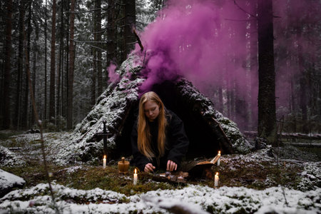 Blonde witch in a black coarse cassock sits on moss in a snowy forest and conjures.の写真素材