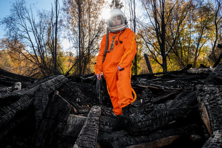 Astronaut in an orange suit on the ruins of a burnt-out building. The charred remains of a wooden house at the disaster site.の写真素材
