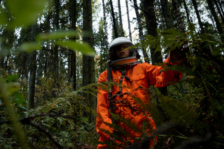 Astronaut in orange suit exploring dense forest wearing helmet, mysterious and surreal atmosphere.の写真素材
