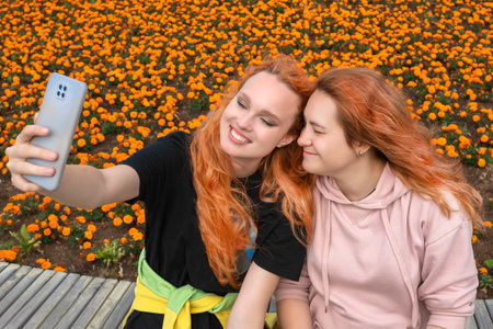 Two smiling women taking a selfie in a vibrant field of orange flowers outdoors.の写真素材