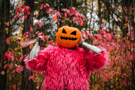 Portrait woman knight in jack-o-lantern and pink fur coat and sword. Mysterious figure with a...