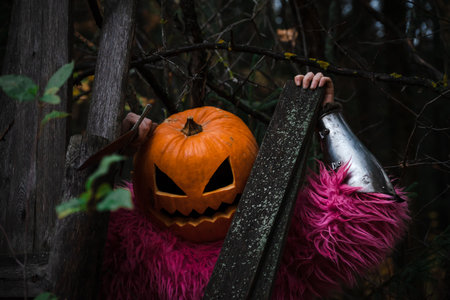 Scarecrow in a pink fur coat with a pumpkin on his head scares looking out from behind the ruin...