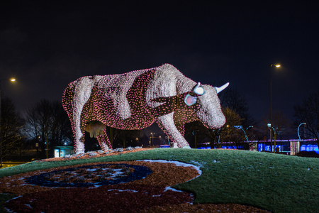 Christmas cow sculpture made of lights, Flower Cow in Ventspils, Latviaの写真素材