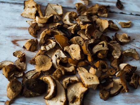 Dried Mushrooms on wooden backgroundの写真素材