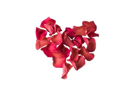 Beautiful Red rose petals heart. Isolated on white background.の写真素材