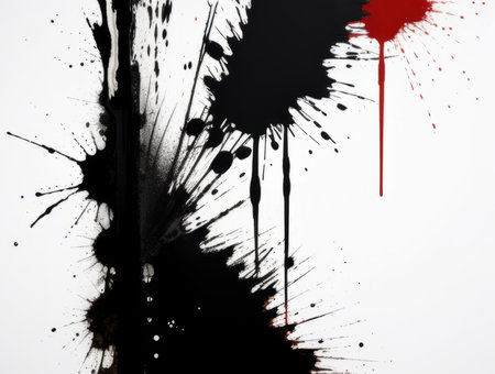 Black and red ink splashes on white background. Abstract artistic background.の素材