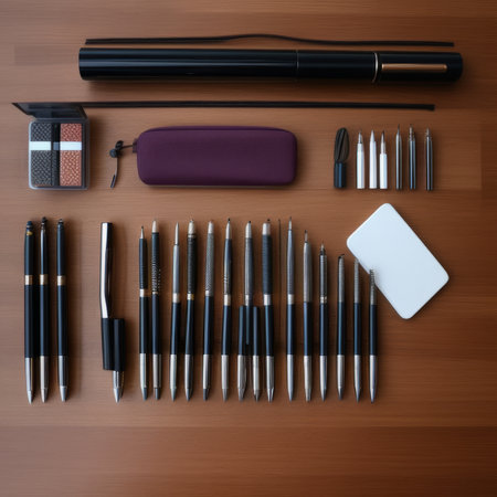 High angle view of various stationery items on a wooden table.の素材