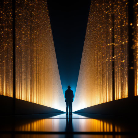 Silhouette of a man standing in front of a luminous portal. 3D renderingの素材
