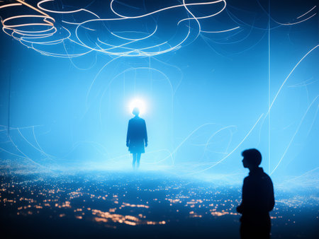 Silhouette of businessman standing in front of glowing web. 3D renderingの素材
