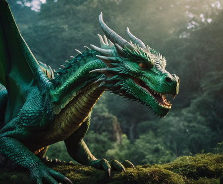 Fantasy green dragon in the forest. Colorful fantasy dragon.の素材